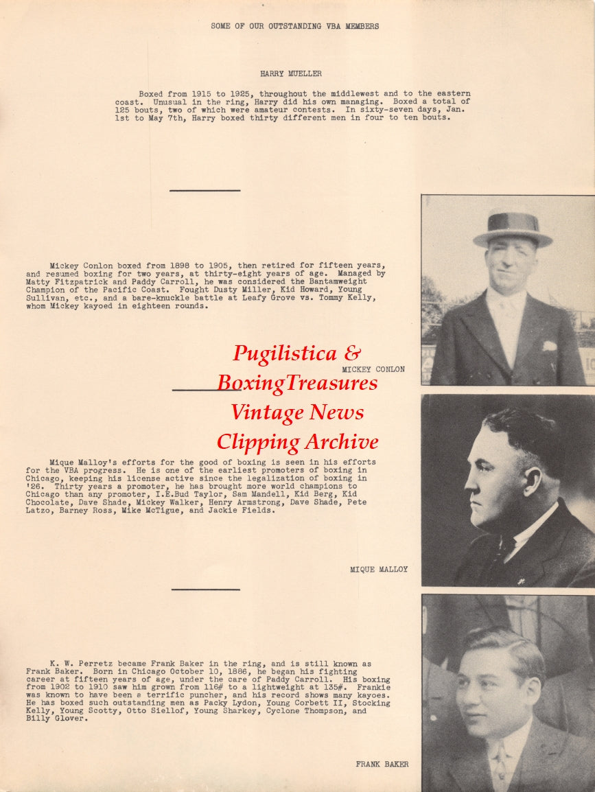 Boxing News Clipping #2645 - Mickey Conlon, Mique Malloy, Frank Baker, Kid Mexico, Professor William O'Connell, John Schedel