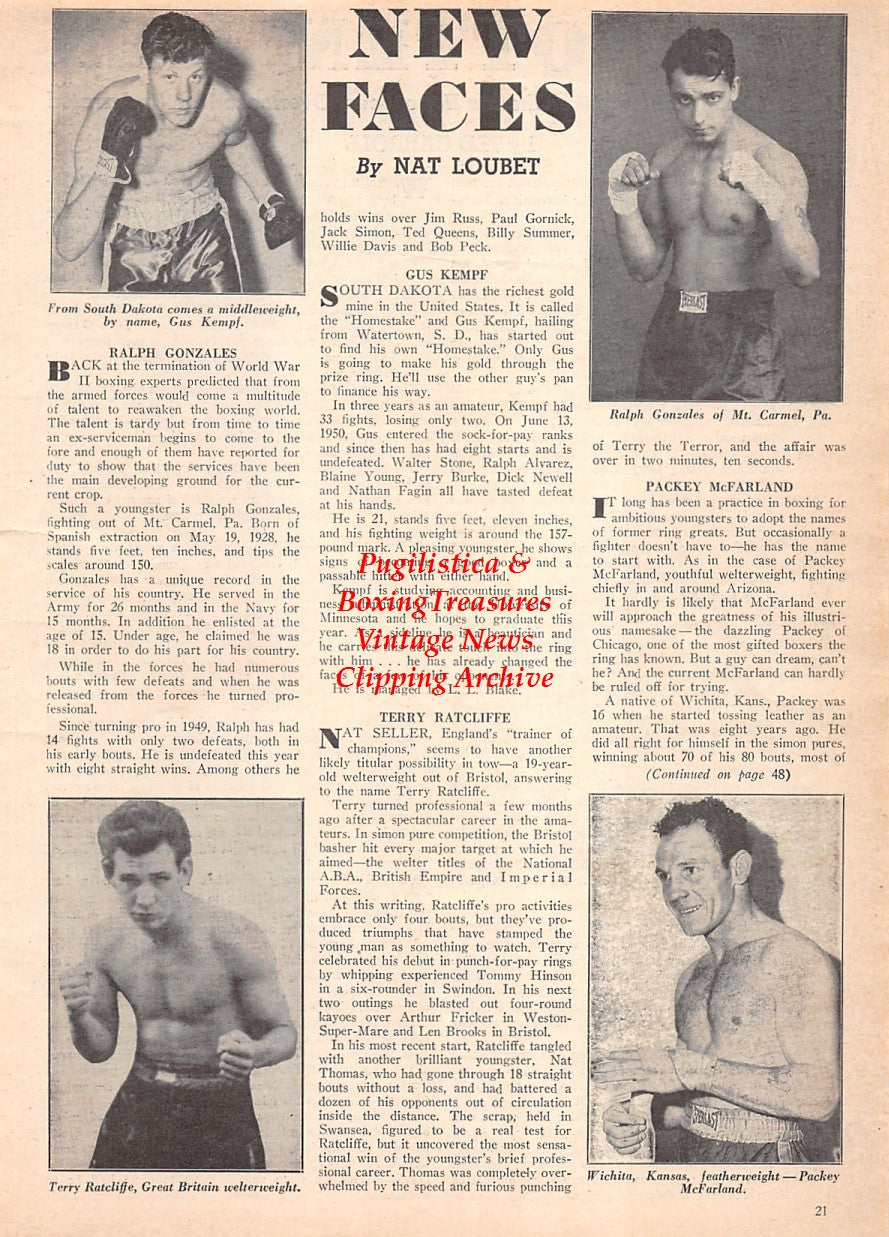 Boxing News Clipping #2574 - Gus Kempf, Ralph Gonzales, Terry Ratcliffe, Packey McFarland (1950's Kansas Featherweight)