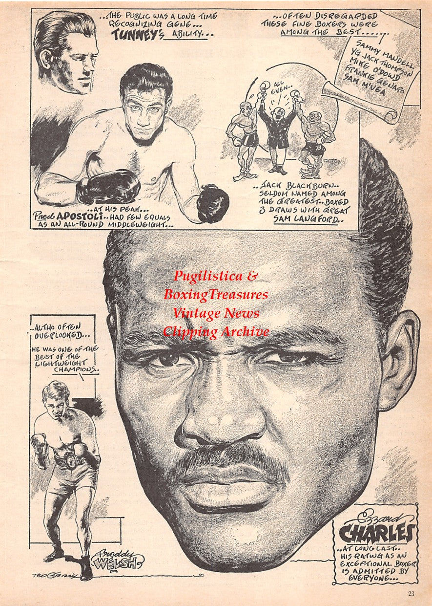 Boxing News Clipping #2575 - Ted Carroll full page illustration, Ezzard Charles, Fred Apostoli, Freddie Welsh