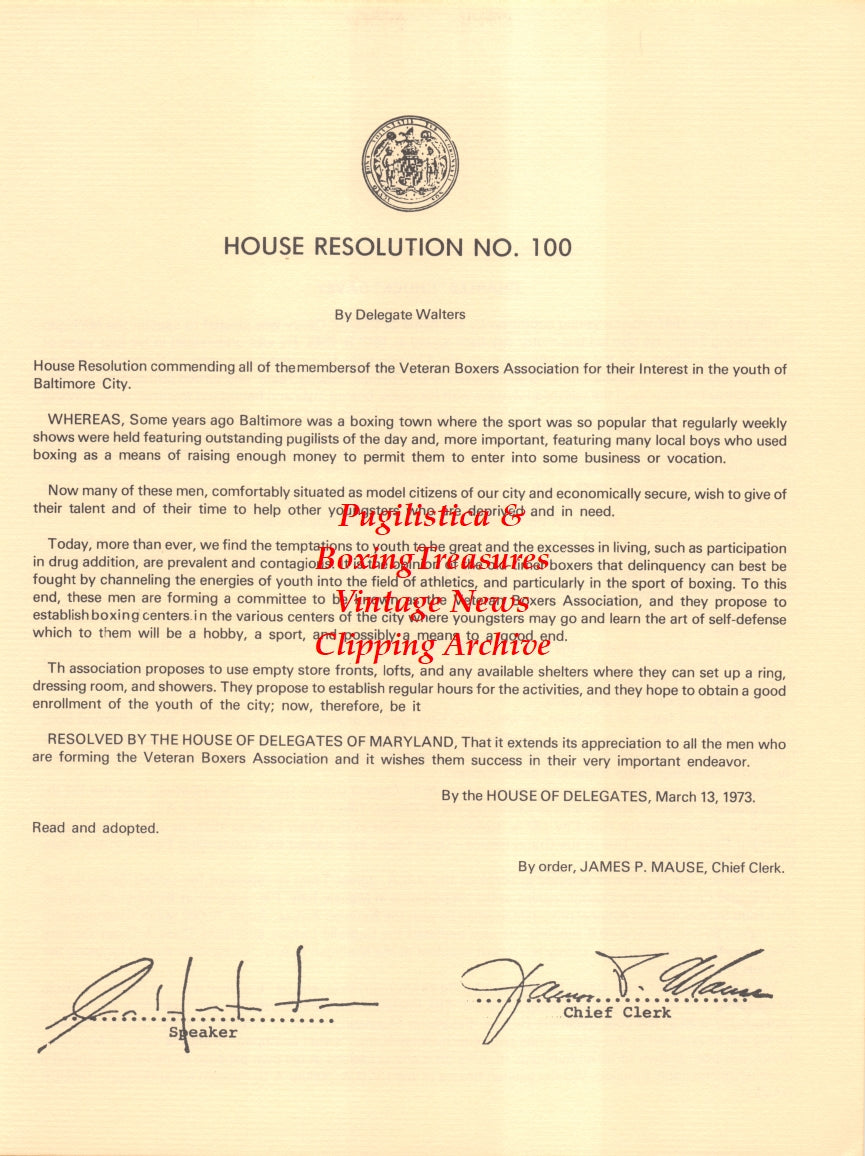 Boxing News Clipping #2653 - Chuck Davey, Maryland House Resolution in Appreciation of The Veteran Boxer's Association