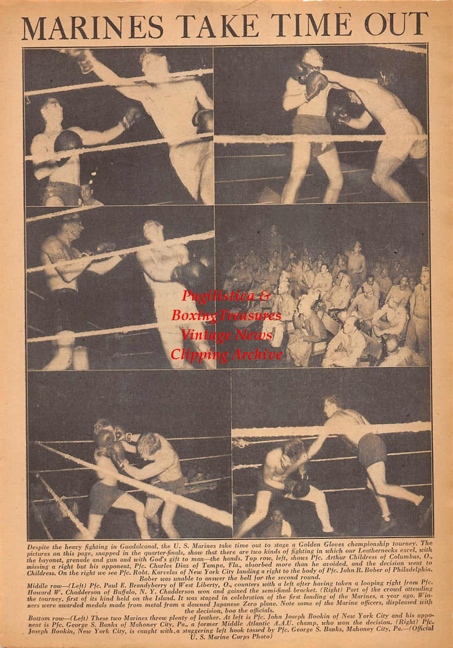 Boxing News Clipping #2436 - WWII Marine Boxing on Guadacanal, Arthur Childress, Charles Diaz, Robet Karvelas, John Bober, Paul Brandyberry, Howard Chadderson, John Joseph Bookin, George Banks, Jim Corbett vs. Bob Fitzsimmons