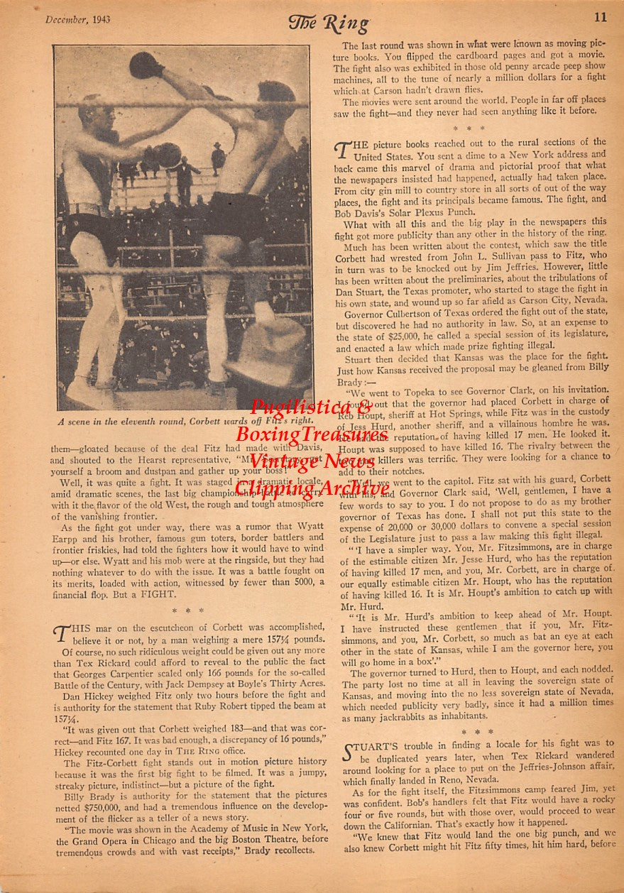 Boxing News Clipping #2437 - James J. Corbett vs. Bob Fitzsimmons, Carson City Nevada, Dan Stuart