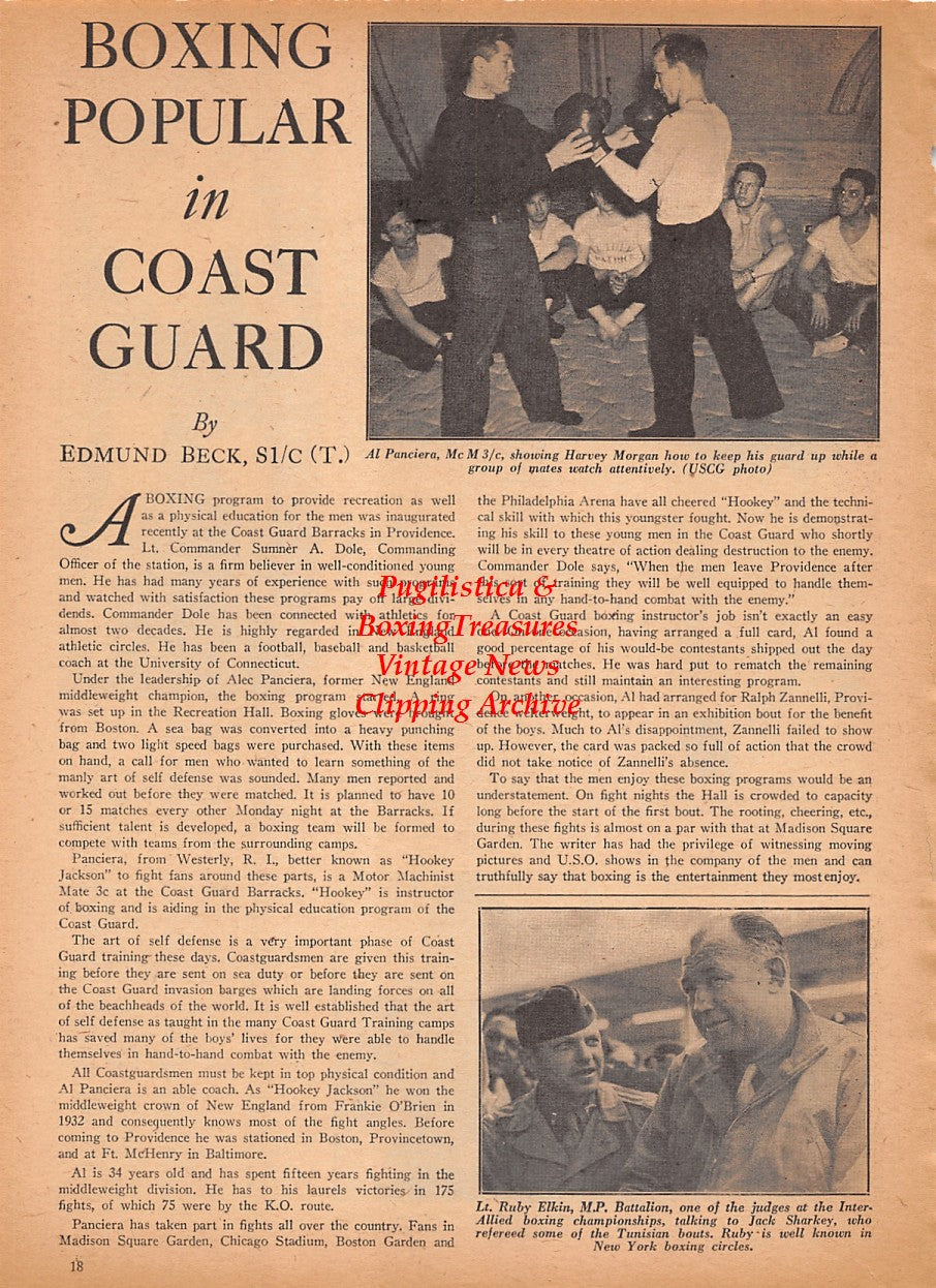 Boxing News Clipping #2546 - Brownie Morris, Sid Haber, Broadway Johnny Jones, Al Panciera, Harvey Morgan, Ruby Elkin, Jack Sharkey, WWII Coast Guard Boxing