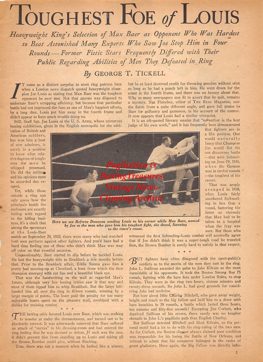 Boxing News Clipping #2539 - Joe Louis vs. Max Baer, Jake Kilrain, George Dixon