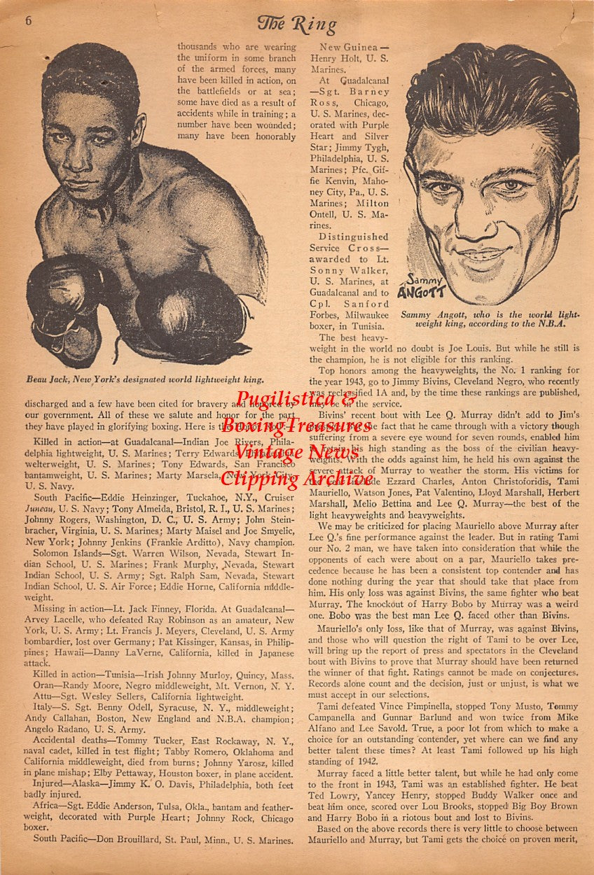 Boxing News Clipping #2473 - Jake LaMotta, Sugar Ray Robinson, Beau Jack, Sammy Angott