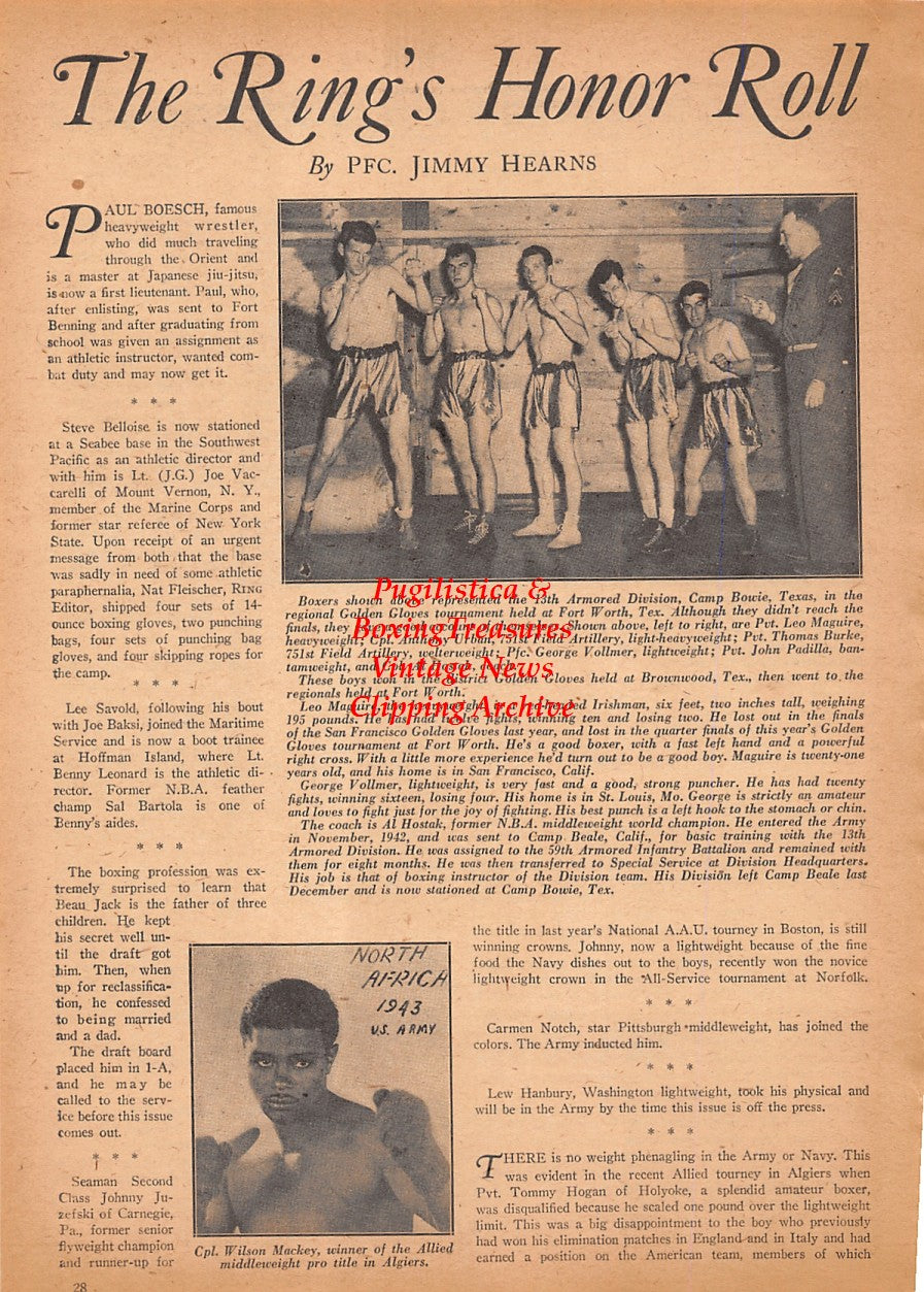Boxing News Clipping #2512 - Wilson Mackey, Leo Maguire, Anthony Urban, Thomas Burke, George Vollmer, John Padilla, Al Hostak, WWII Military Boxing, 13th Armored Division