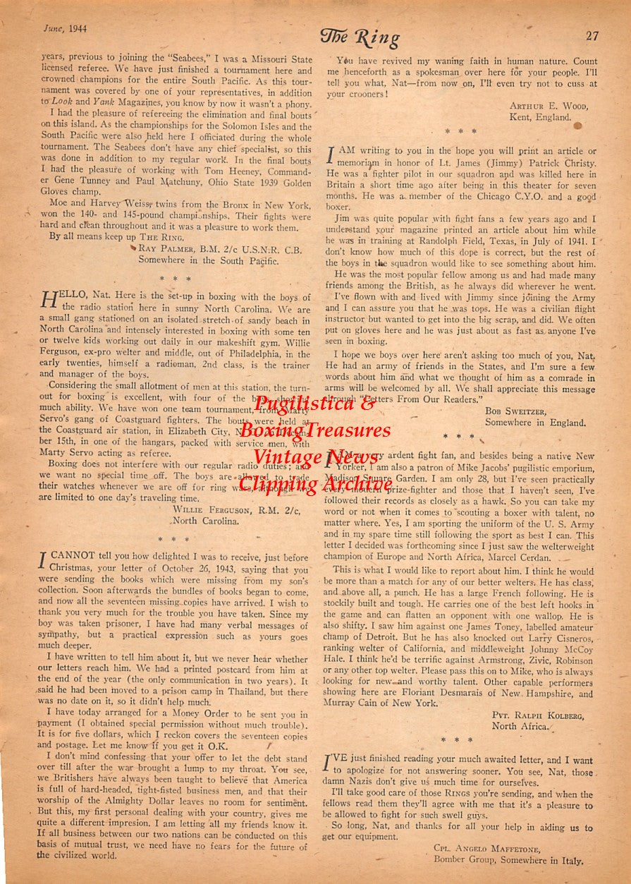 Boxing News Clipping #2512 - Wilson Mackey, Leo Maguire, Anthony Urban, Thomas Burke, George Vollmer, John Padilla, Al Hostak, WWII Military Boxing, 13th Armored Division
