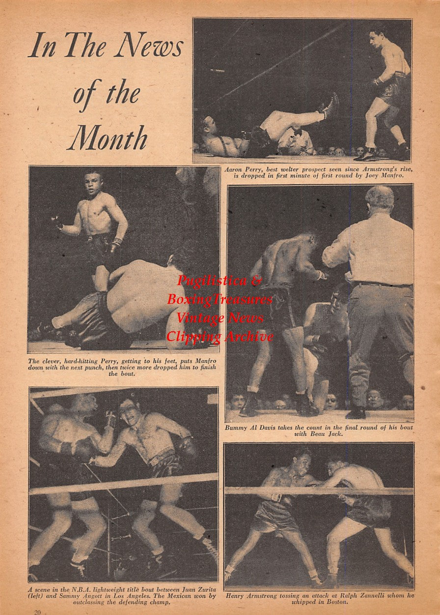 Boxing News Clipping #2509 - Aaron Perry, Joey Manfro, Juan Zurita, Sammy Angott, Henry Armstrong, Ralph Zanelli, Al Bummy Davis, Beau Jack