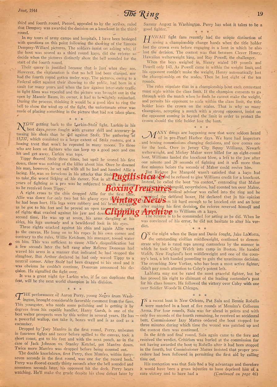 Boxing News Clipping #2509 - Aaron Perry, Joey Manfro, Juan Zurita, Sammy Angott, Henry Armstrong, Ralph Zanelli, Al Bummy Davis, Beau Jack