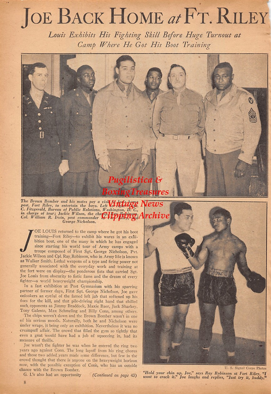 Boxing News Clipping #2453 - Joe Louis and Sugar Ray Robinson at Fort Riley, Jackie Wilson, George Nicholson, Nat Fleischer