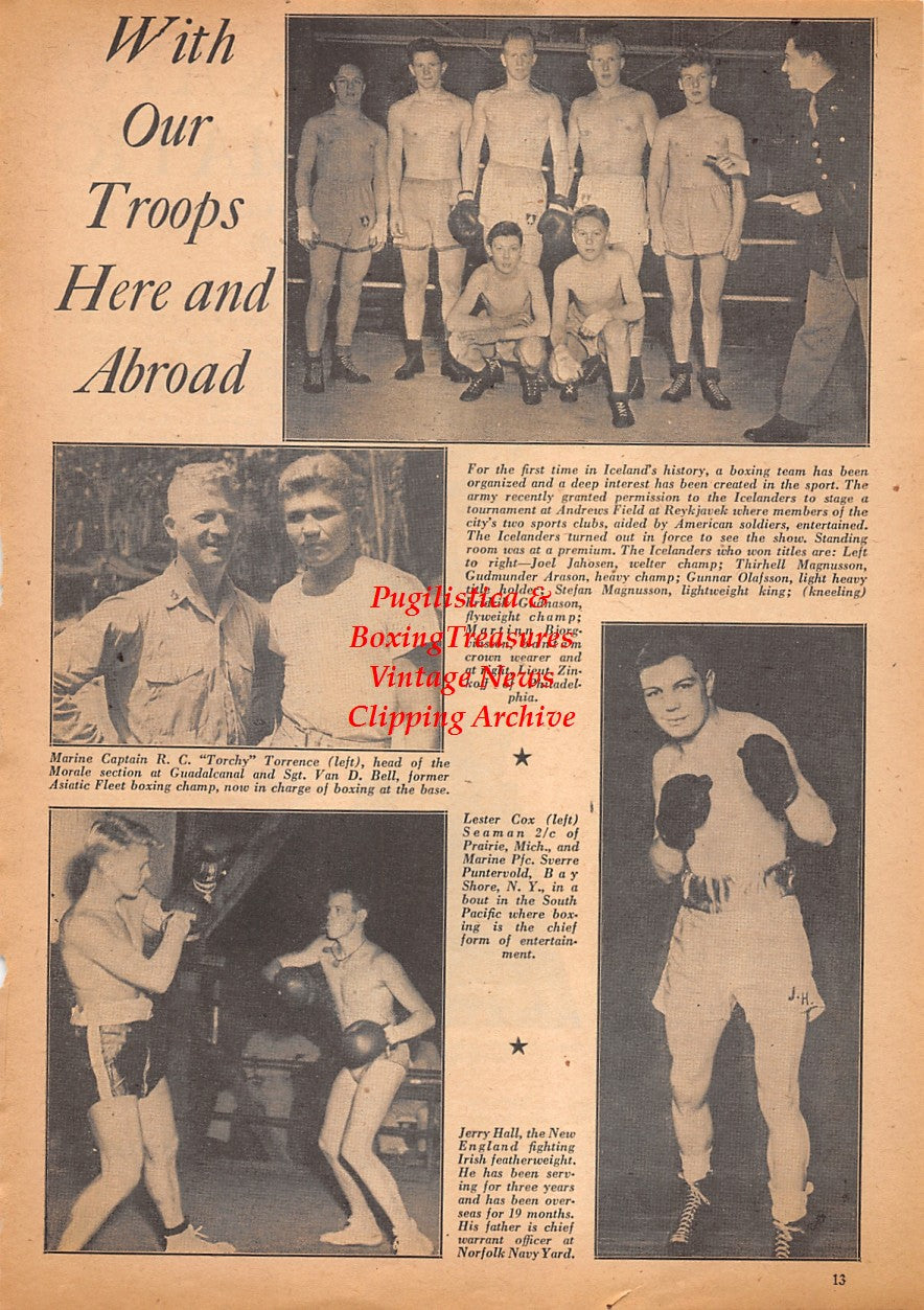 Boxing News Clipping #2530 - Benny Leonard, Lester Cox, Jerry Hall, Sverre Puntervold, Van Bell, Joel Jahosen, Thirhell Magnusson, Gudmunder Arason and others, WWII Military Boxing, Iceland