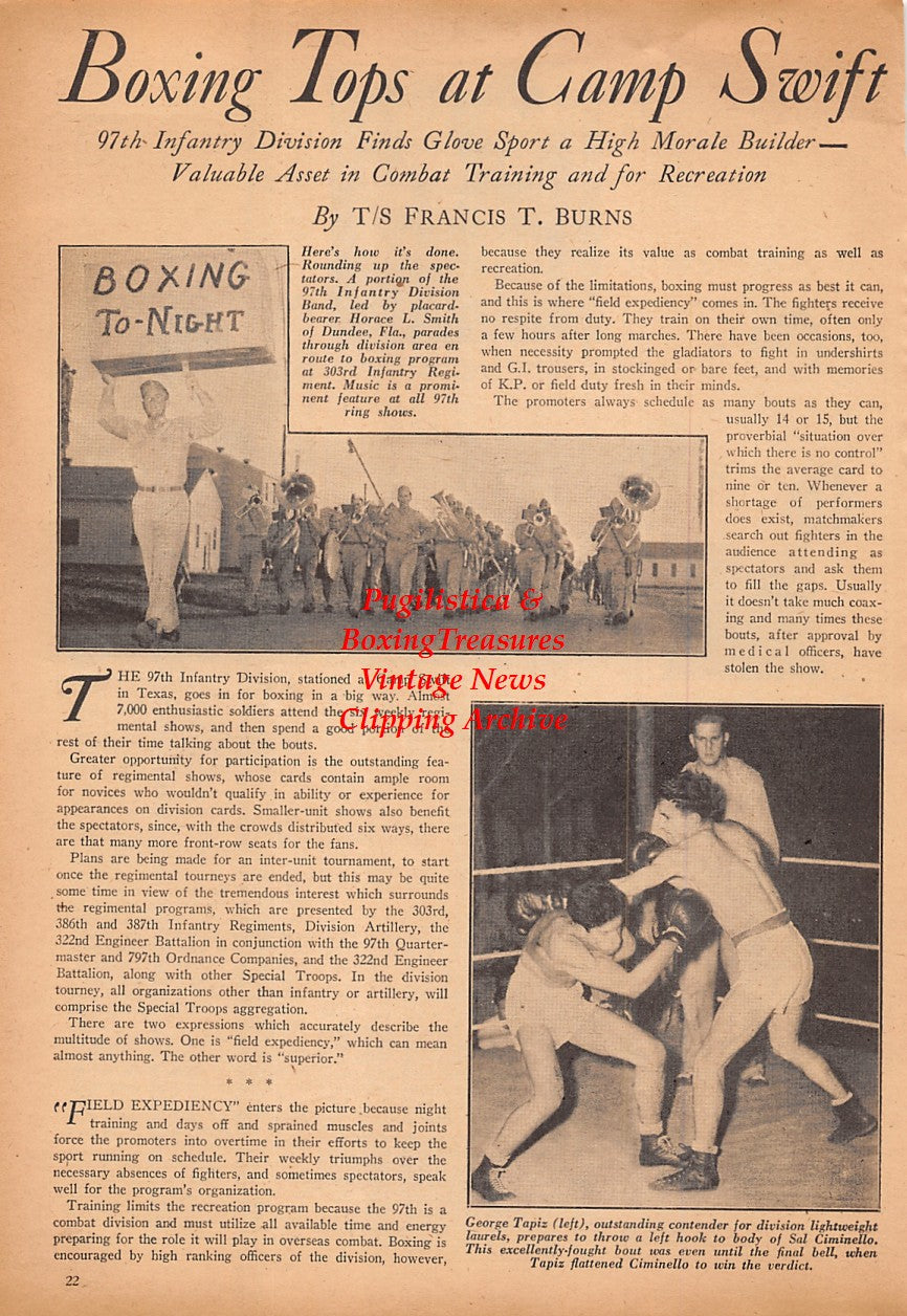 Boxing News Clipping #2459 - Boxing at Camp Swift, George Tapiz, Sal Ciminello, Horace Smith, Tony Mann, Benny Iannotti, Al King, Al Calcagno