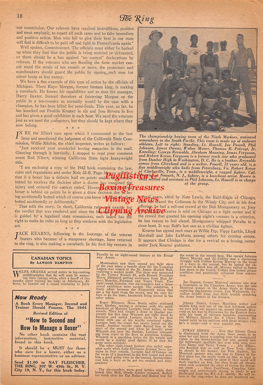Boxing News Clipping #2519 - Jake LaMotta vs. Lou Woods, Joe Powell, Phil Johnson, James Owens, Walter Moore, Thomas Polvogt, George Reynolds, Abraham Manning, James Ferguson, Robert Keese, WWII Military Boxing