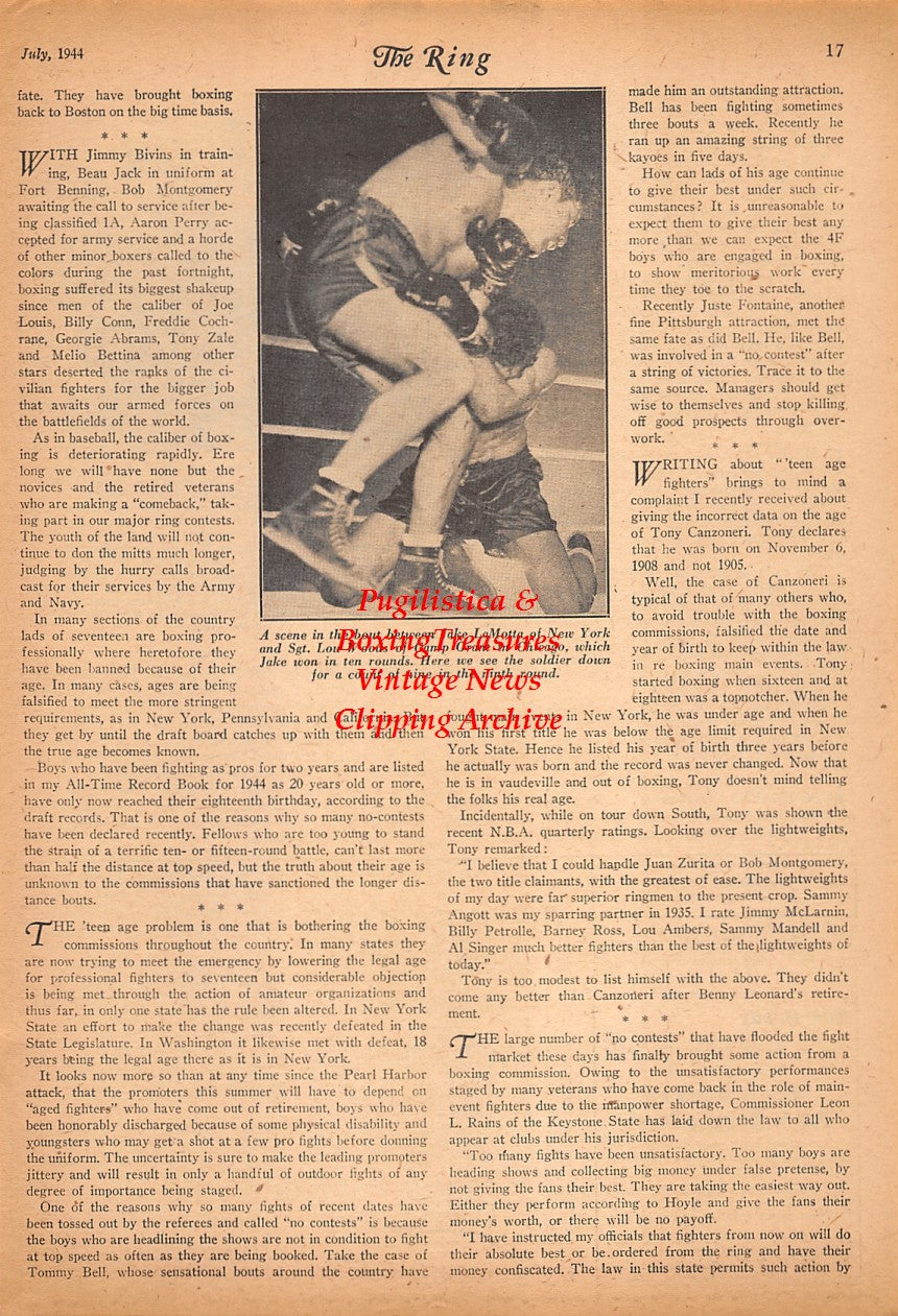 Boxing News Clipping #2519 - Jake LaMotta vs. Lou Woods, Joe Powell, Phil Johnson, James Owens, Walter Moore, Thomas Polvogt, George Reynolds, Abraham Manning, James Ferguson, Robert Keese, WWII Military Boxing