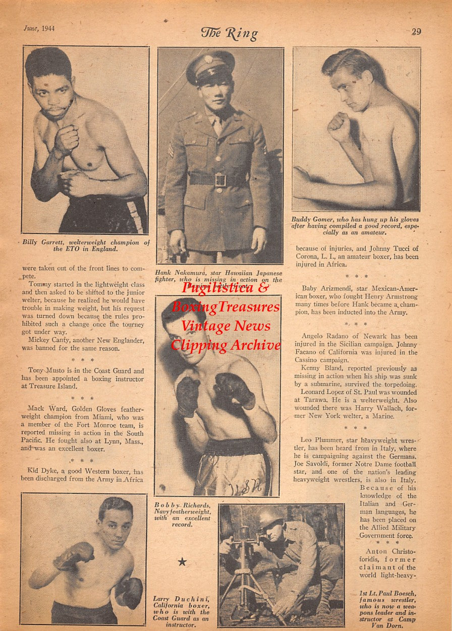 Boxing News Clipping #2513 - Billy Garrett, Hank Nakamura, Buddy Gomer, Bobby Richards, Larry Duchini, Paul Boesch, Sam Diamond, Sol Delmont, Solomon Diamond, Johnny Brenda, Walter Rhoden, WWII Military Boxers