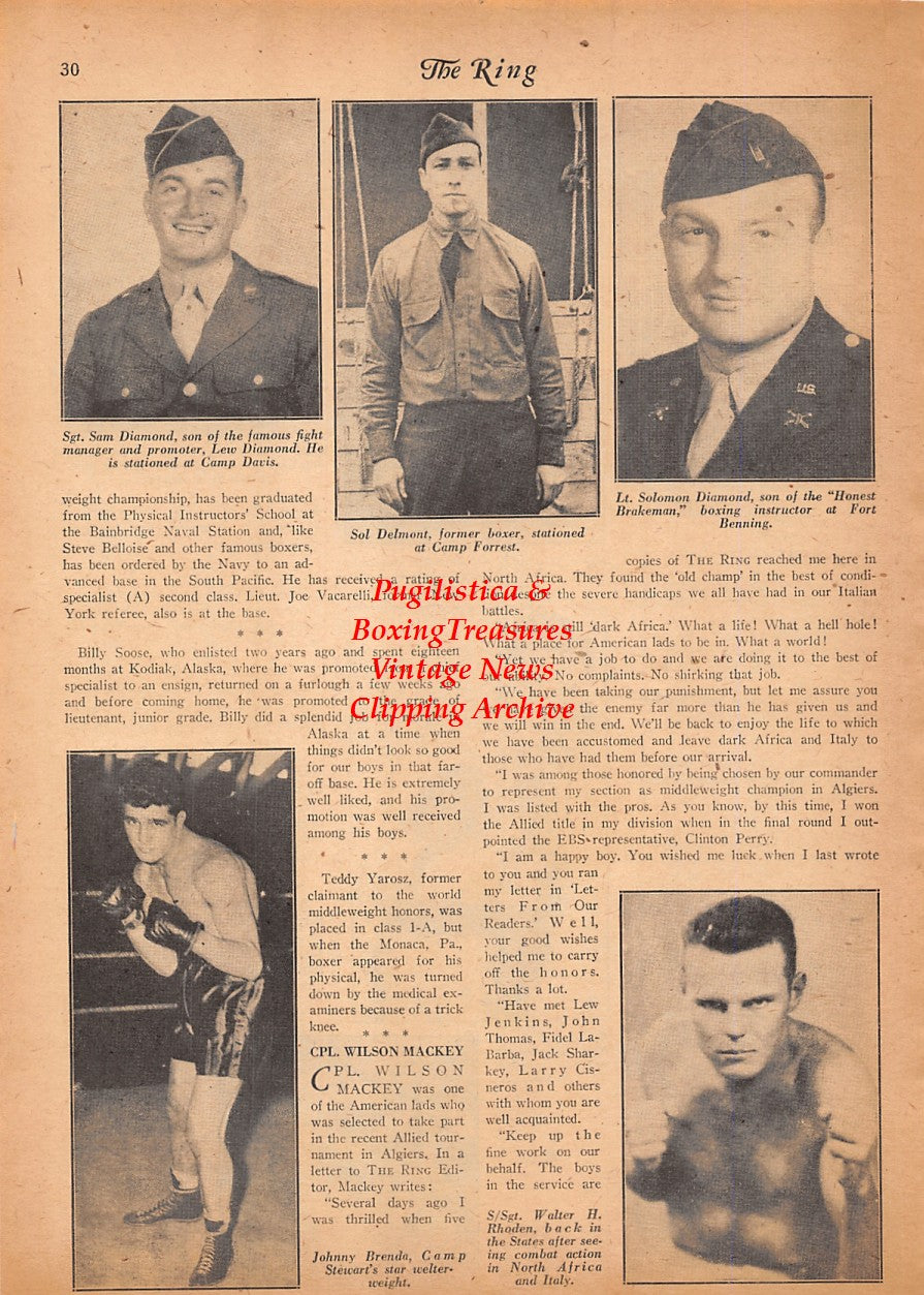 Boxing News Clipping #2513 - Billy Garrett, Hank Nakamura, Buddy Gomer, Bobby Richards, Larry Duchini, Paul Boesch, Sam Diamond, Sol Delmont, Solomon Diamond, Johnny Brenda, Walter Rhoden, WWII Military Boxers
