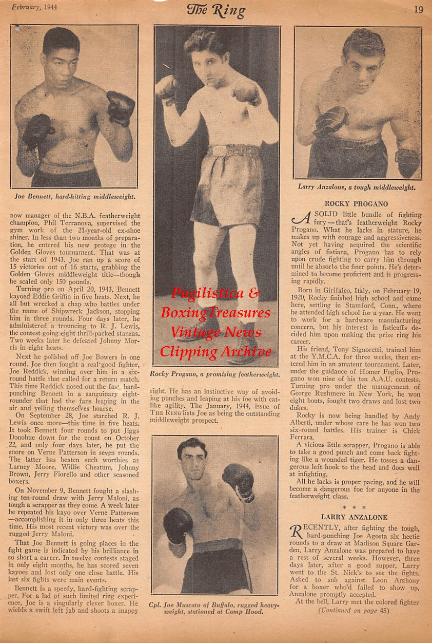 Boxing News Clipping #2468 - Joe Bennett, Rocky Progano, Joe Muscato, Larry Anzalone, Jack Johnson vs. Stanley Ketchel