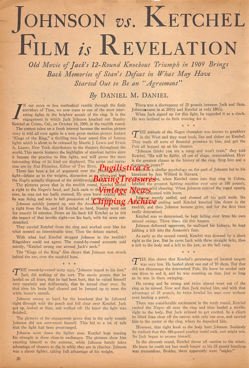 Boxing News Clipping #2468 - Joe Bennett, Rocky Progano, Joe Muscato, Larry Anzalone, Jack Johnson vs. Stanley Ketchel