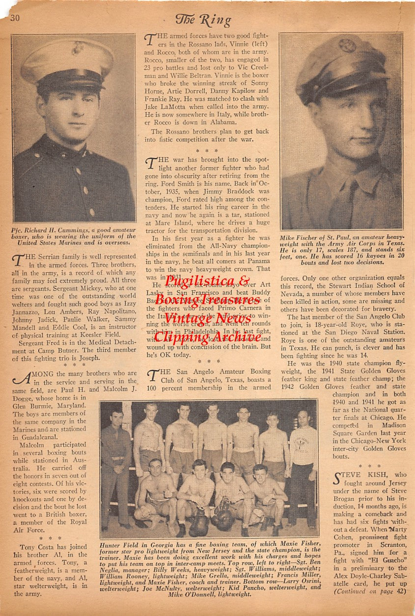 Boxing News Clipping #2464 - WWII Boxing, Richard Cummings, Mike Fischer, Maxie Fisher, Ben Neglia, Billy Weeks, Mike Grella, Kid Pancho, Tommy Yarosz, Dan Mazer, Bob Harrison, Frank Barbella, James Mannion and many others