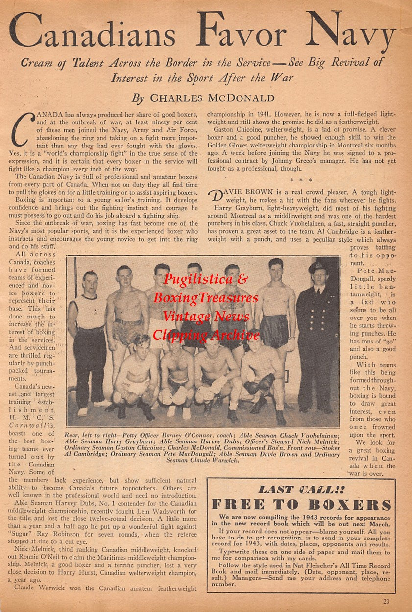 Boxing News Clipping #2466 - WWII Boxing, Barney O'Connor, Chuck Vuohelainen, Harry Grayburn, Harvey Dubs, Nick Melnicki, Gaston Chicoine, Charley Carr, Chester Hayes, Joe Aguirre, Marshal Phillips, Omer Rundell, Lew Delica, Ted Collins, Gene Smithers +++