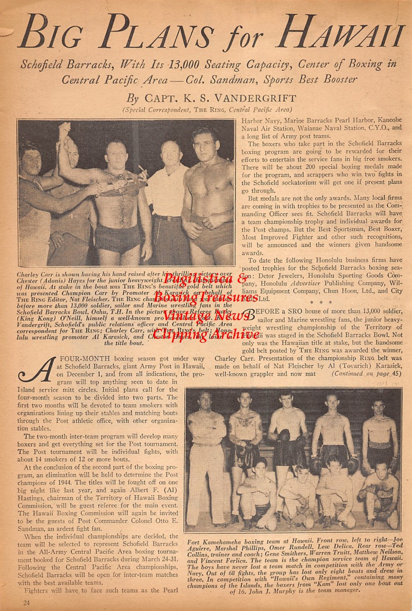 Boxing News Clipping #2466 - WWII Boxing, Barney O'Connor, Chuck Vuohelainen, Harry Grayburn, Harvey Dubs, Nick Melnicki, Gaston Chicoine, Charley Carr, Chester Hayes, Joe Aguirre, Marshal Phillips, Omer Rundell, Lew Delica, Ted Collins, Gene Smithers +++