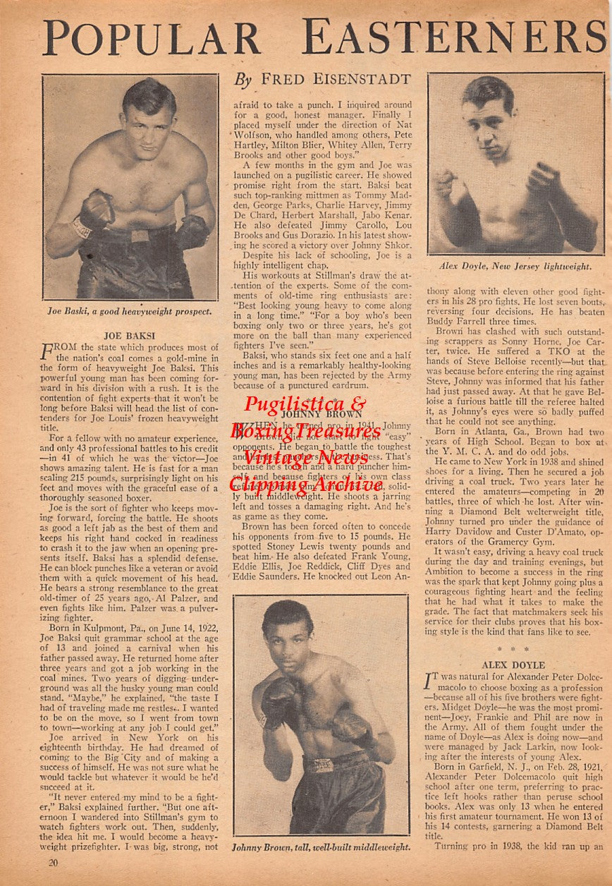 Boxing News Clipping #2458 - Joe Baksi, Alex Doyle, Johnny Brown, Wally Mifflin, Rod Grimme, James Cole, Vernon St. Martin, Frank Brezowitz, Tommy Roman, Alvin Wright