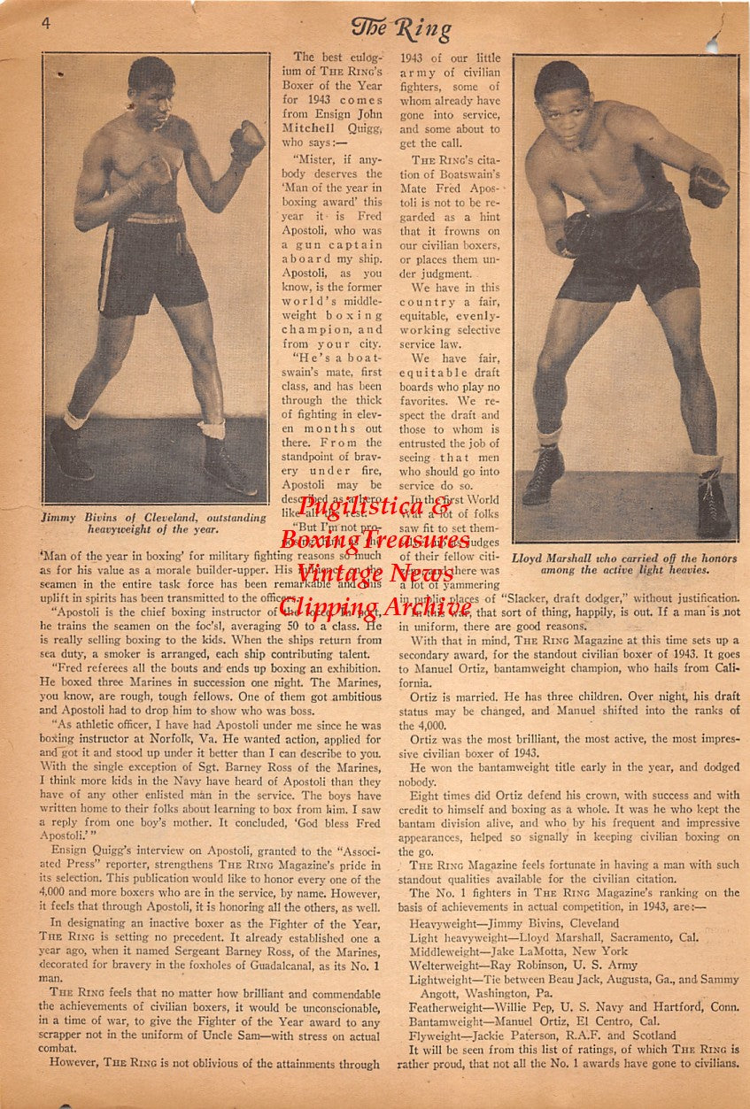 Boxing News Clipping #2474 - Fred Apostoli, Jimmy Bivins, Lloyd Marshall
