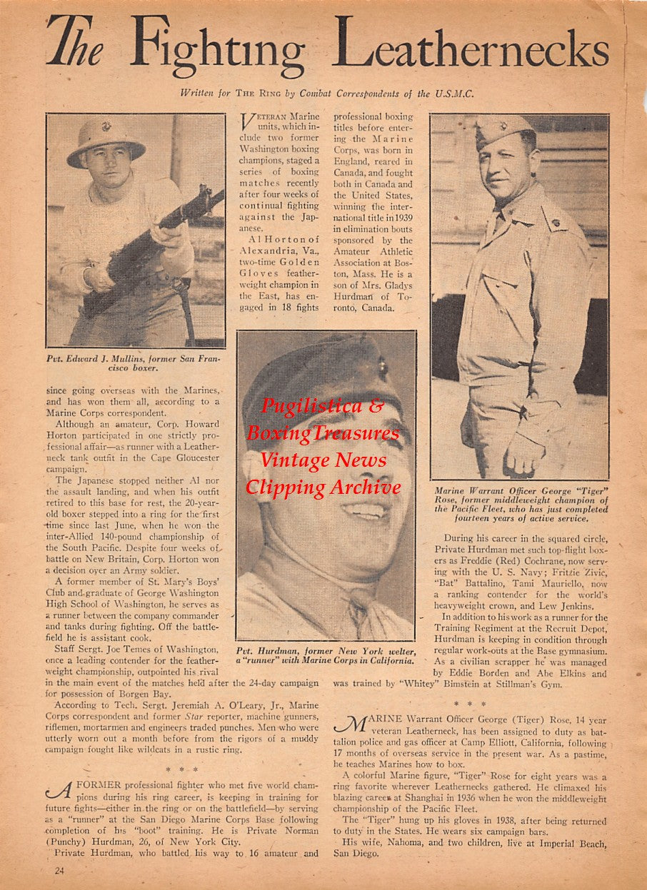 Boxing News Clipping #2548 - Edward Mullins, George Tiger Rose, Norman Hurdman, Petey Scalzo, Reuben Linker, Melio Bettina, Tony Falco, Bobby Dance, Hy Bronstein, Duke Matthews, WWII Military Boxing