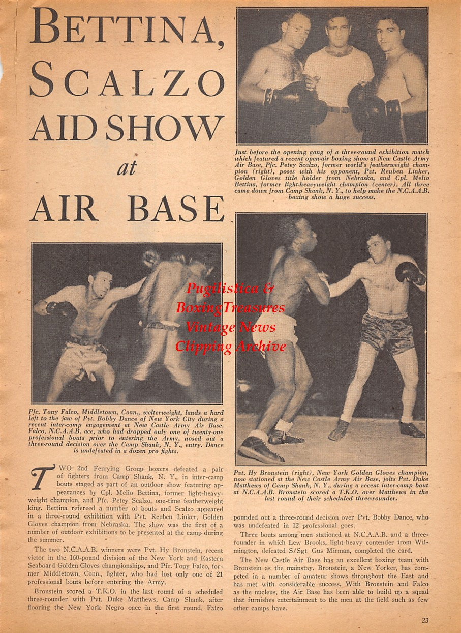 Boxing News Clipping #2548 - Edward Mullins, George Tiger Rose, Norman Hurdman, Petey Scalzo, Reuben Linker, Melio Bettina, Tony Falco, Bobby Dance, Hy Bronstein, Duke Matthews, WWII Military Boxing