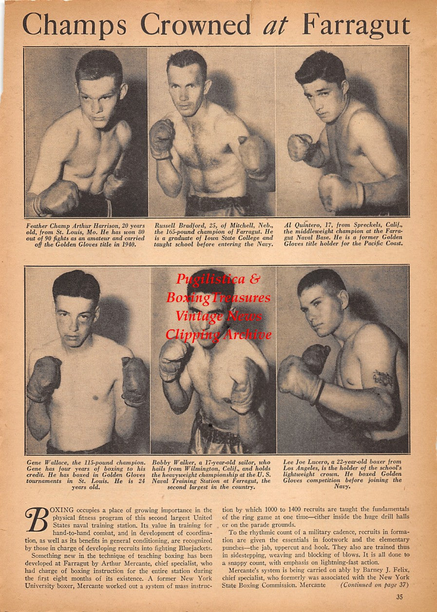 Boxing News Clipping #2429 - Arthur Harrison, Russell Bradford, Al Quintero, Gene Wallace, Bobby Walker, Lee Joe Lucero, Farragut Naval Base Boxers