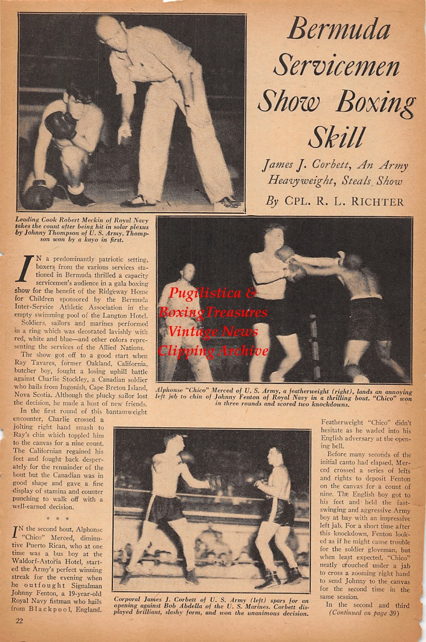 Boxing News Clipping #2430 - George Salvadore, Robert Meckin, Alphonse Merced, Johnny Fenton, James J. Corbett (Army boxer), Bob Abdella, WWII Military Boxing