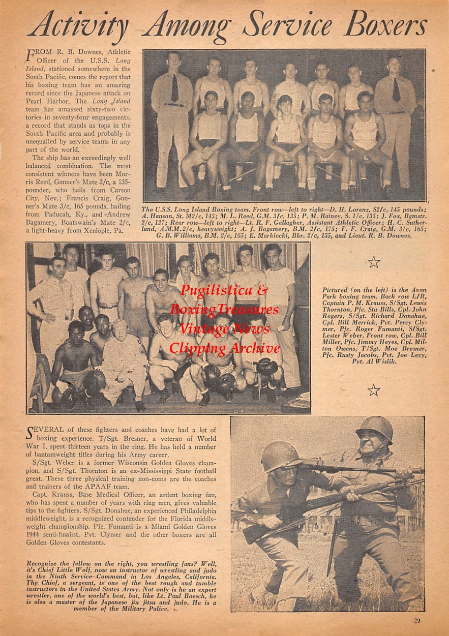 Boxing News Clipping #2535 - WWII Boxing, Don Hamill, Andy Anderson, Charley Dixie Davis, Pete Caparell, Barney Felix, Chief Little Wolf, USS Long Island Boxing Team, Avon Park Boxing Team