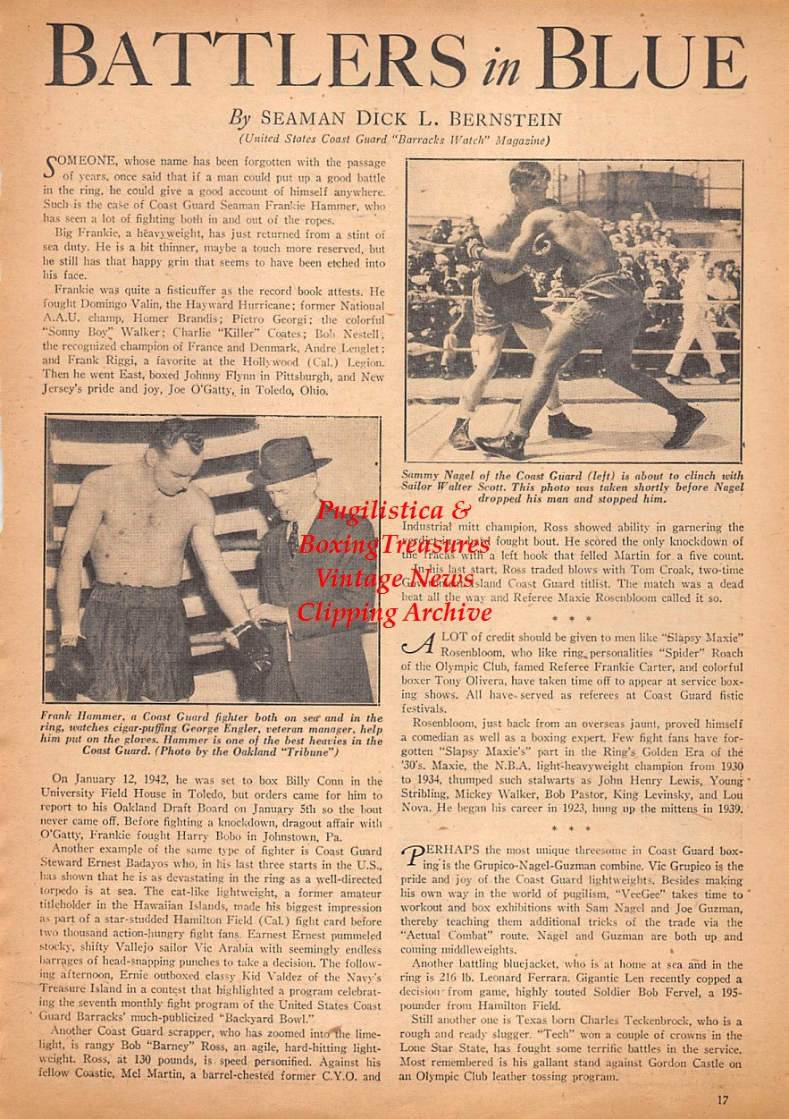 Boxing News Clipping #2532 - Dal Hawkins, Frank Hammer, George Engler, Sammy Nagel vs. Walter Scott, WWII Military Boxing