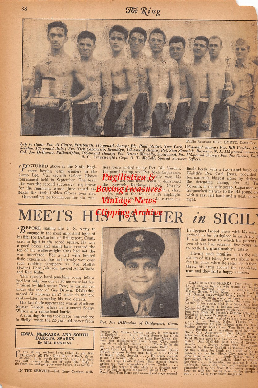 Boxing News Clipping #2449 - WWII Camp Lee Boxing & Wrestling, Al Ciafre, Paul Midiri, Bill Verdon, Nick Caparusso, Stan Skutnick, Joe DeBuono, Orient Martella, Joe Owens, Joe DiMartino, Sol Goldstein, Al Duren, Vic Gorin, George Self, Ralph Little +++