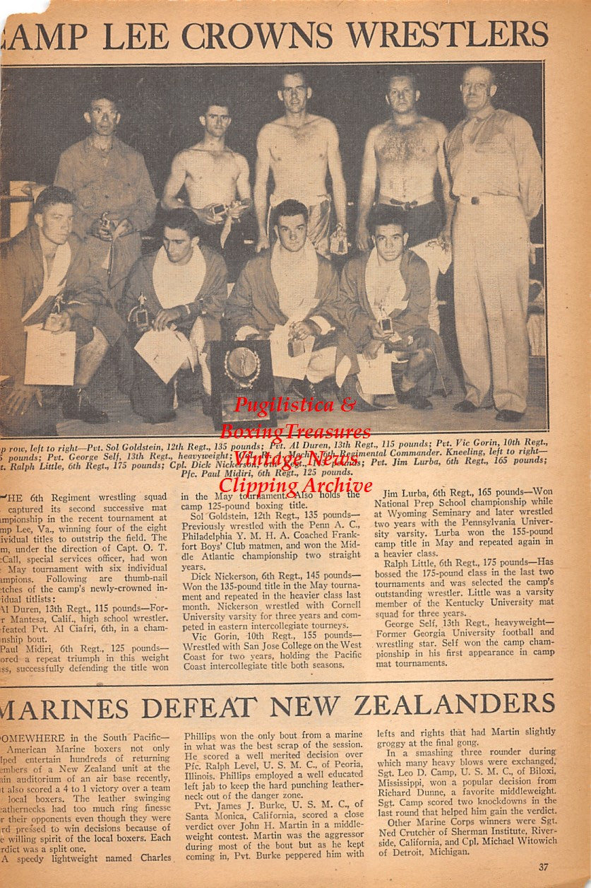 Boxing News Clipping #2449 - WWII Camp Lee Boxing & Wrestling, Al Ciafre, Paul Midiri, Bill Verdon, Nick Caparusso, Stan Skutnick, Joe DeBuono, Orient Martella, Joe Owens, Joe DiMartino, Sol Goldstein, Al Duren, Vic Gorin, George Self, Ralph Little +++