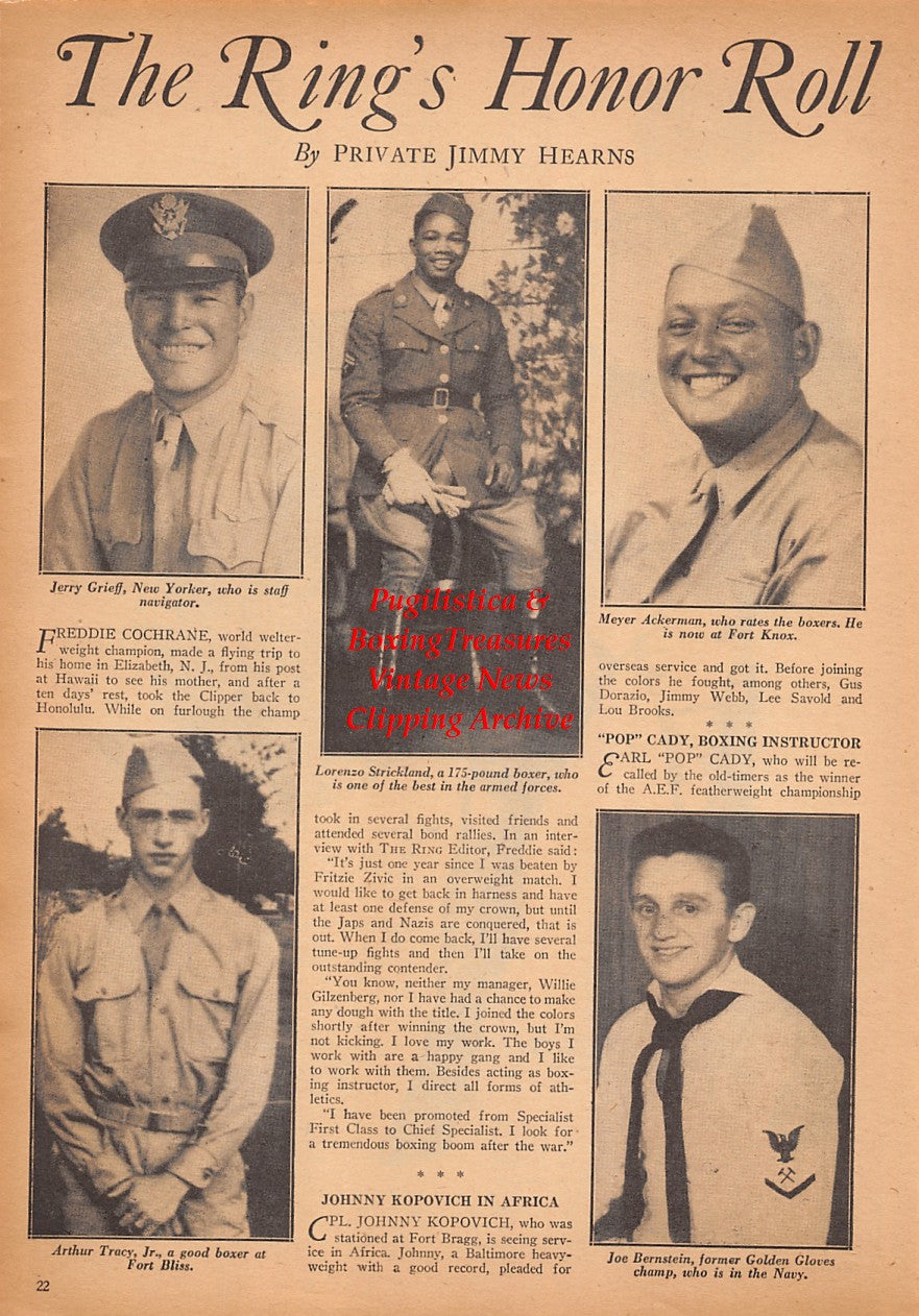 Boxing News Clipping #2441 - Jerry Grieff, Lorenzo Strickland, Arthur Tracy Jr., Meyer Ackerman, Joe Bernstein, Jack Dempsey, Jack Sharkey