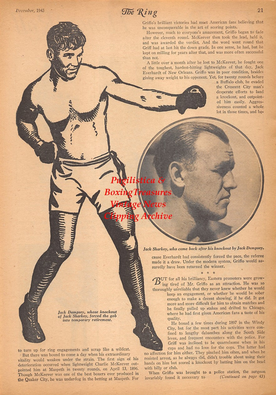 Boxing News Clipping #2441 - Jerry Grieff, Lorenzo Strickland, Arthur Tracy Jr., Meyer Ackerman, Joe Bernstein, Jack Dempsey, Jack Sharkey
