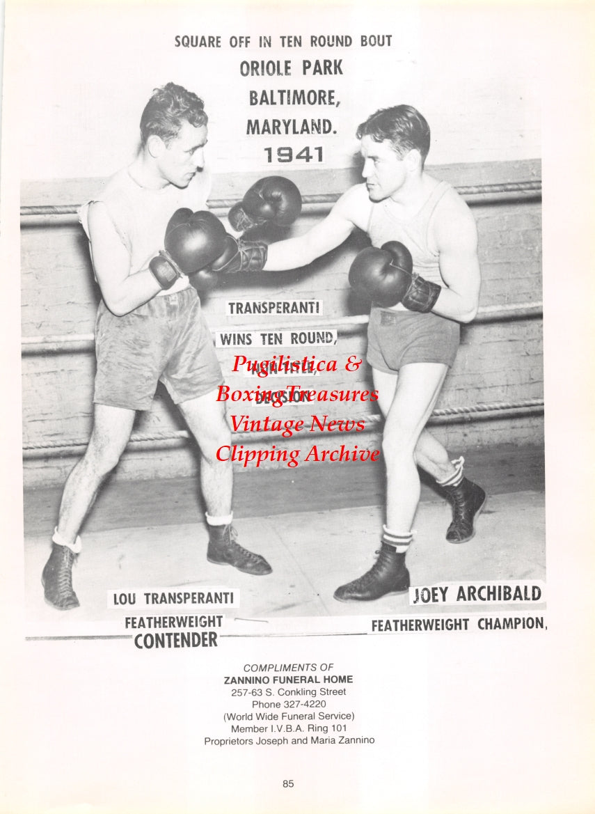 Boxing News Clipping #2781 - Lou Transperanti vs. Joe Archibald, Pete Galiano, Mary Karpovich, Dottie Spedden