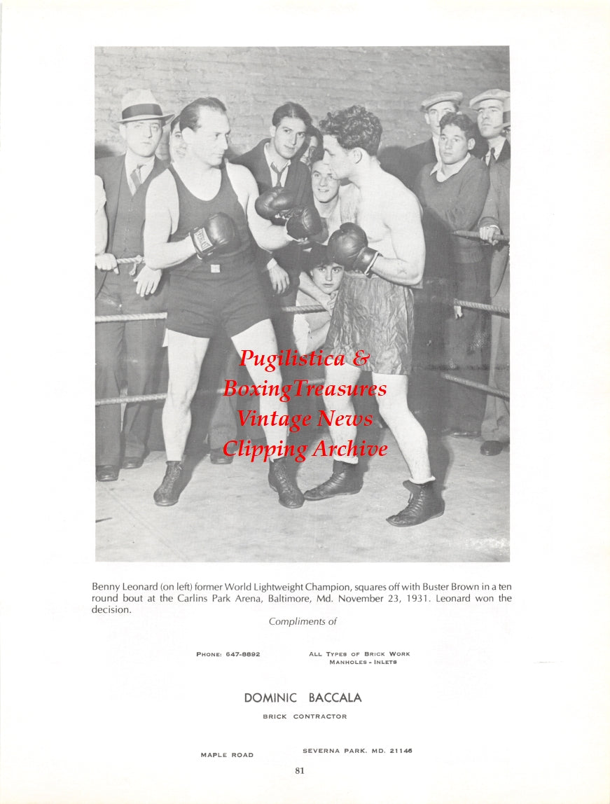 Boxing News Clipping #2725 - Benny Leonard vs. Buster Brown, Al Salkowski, Eddie Rieder, Bob Gregson, Danny Smith, Andy Quattrocchi, Rowland Hyde