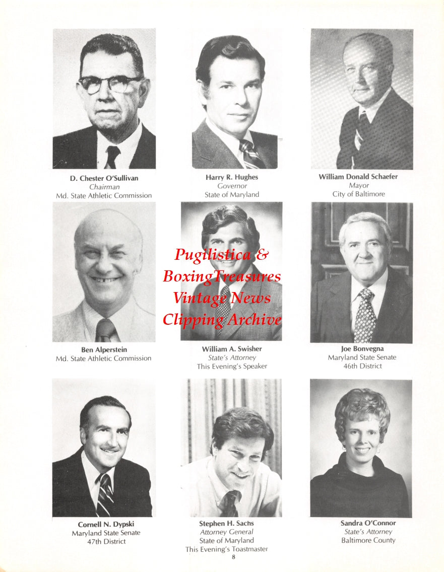 Boxing News Clipping #2688 - Scoop Gallello, D. Chester O'Sullivan, Harry Hughes, William Donald Schaefer, Ben Alperstein, William A. Swisher, Joe Bonvegna, Cornell Dypski, Stephen Sachs, Sandra O'Conner