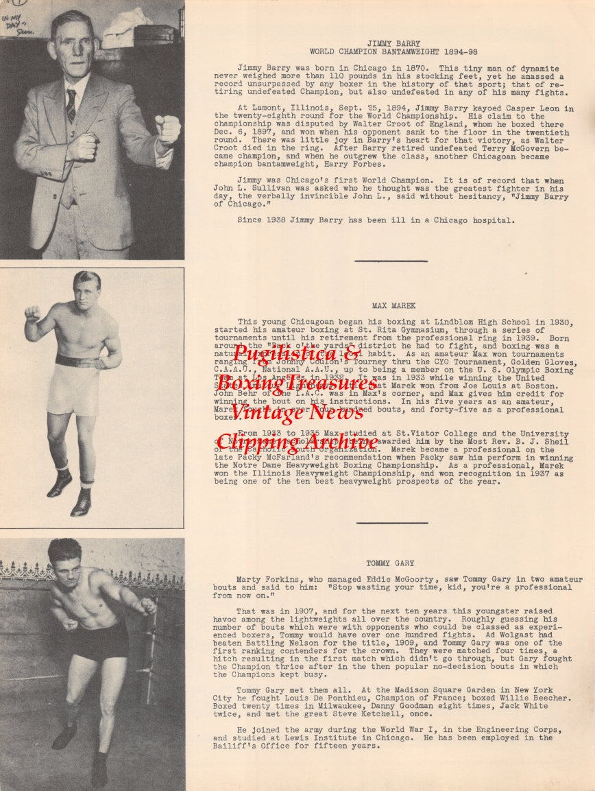Boxing News Clipping #2631 - Jimmy Barry, Max Marek, Tommy Gary