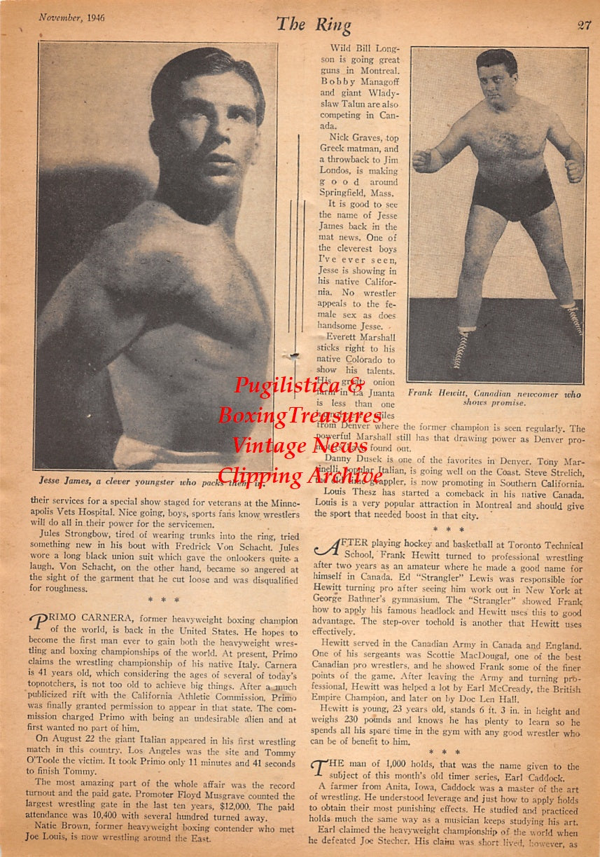 Wrestling News Clipping #236 - Earl Caddock, Jim Londos, Wladyslaw Talun, Jesse James, Frank Hewitt