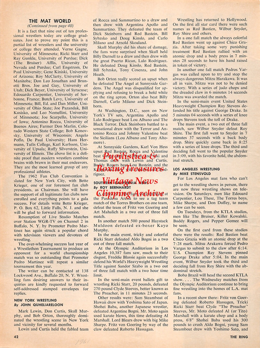 Wrestling News Clipping #191 - George Drake vs. Ray Heffernan, Buddy Rogers vs. Johnny Valentine, Bearcat Wright, Doc Gallagher