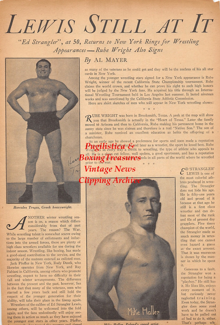 Wrestling and Boxing News Clipping #208 - Hercules Tragas, Mike Haller, Dave Key, Cliff Winchell, Chet Haida, Frank McCarty, Frank Cristillo, Roland Fethkenharan and many others, WWII Boxing and Wrestling