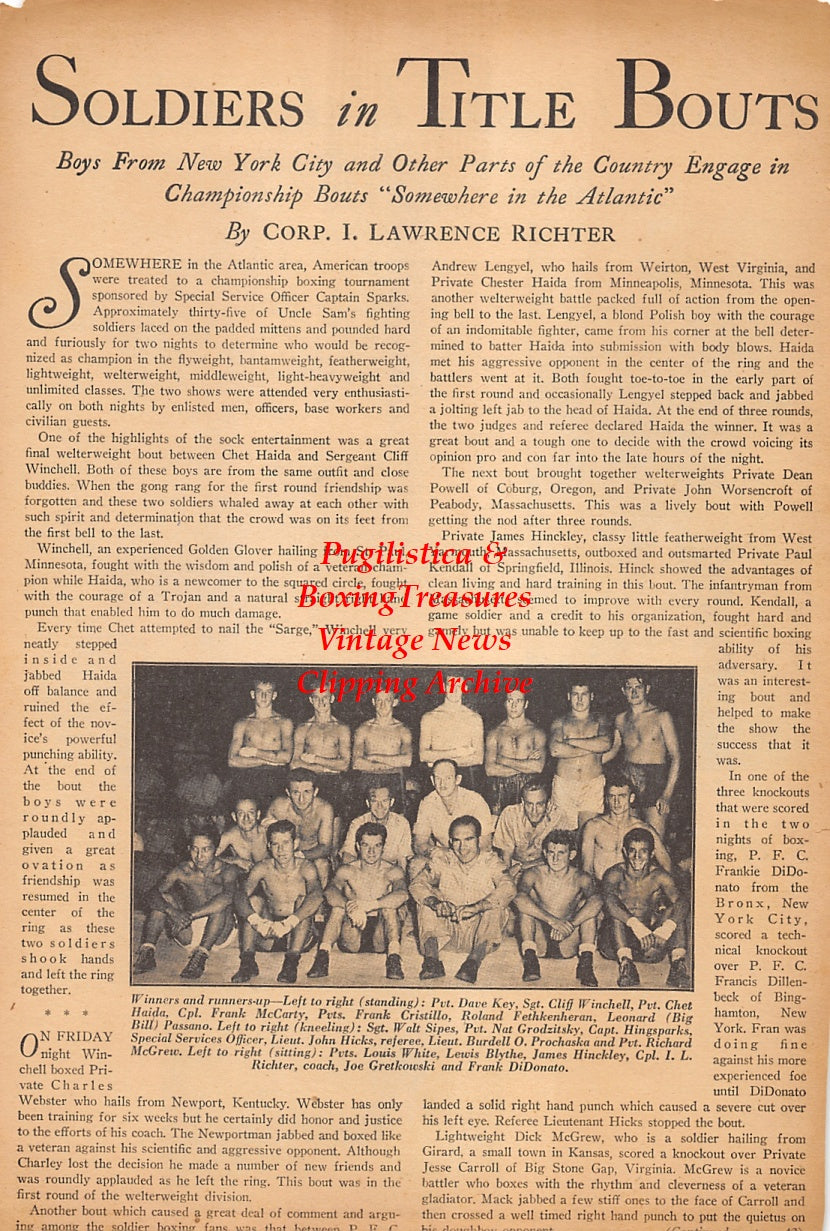Wrestling and Boxing News Clipping #208 - Hercules Tragas, Mike Haller, Dave Key, Cliff Winchell, Chet Haida, Frank McCarty, Frank Cristillo, Roland Fethkenharan and many others, WWII Boxing and Wrestling