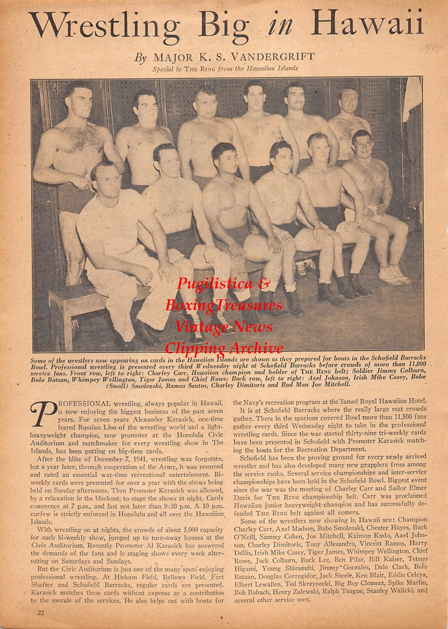 Wrestling News Clipping #242 - WWII Wrestling in Hawaii: Charley Carr, Jimmy Colburn, Bolo Bataan, Whimpey Wellington, Tiger James, Chief Rowe, Axel Johnson, Irish Mike Casey, Babe Smolenski, Ramos Santos, Charley Dimitoris, Bad Man Joe Mitchell ++