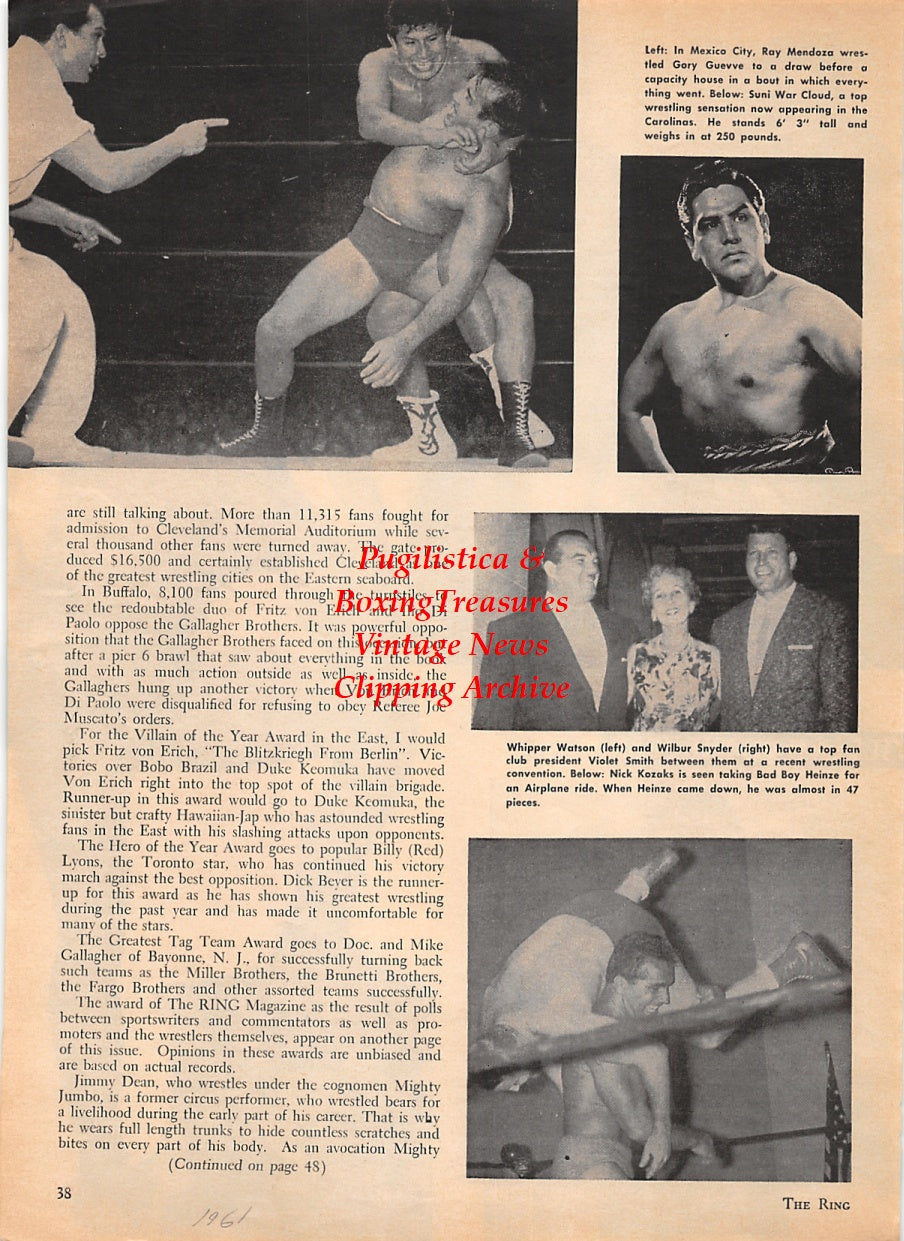 Wrestling News Clipping #131 - Cowboy Bob Ellis, Buddy Rogers, Mike and Ben Sharpe, Ray Mendoza, Gary Guevve, Suni War Cloud, Whipper Watson, Wilbur Snyder, Violet Smith, Nick Kozaks, Bad Boy Heinze