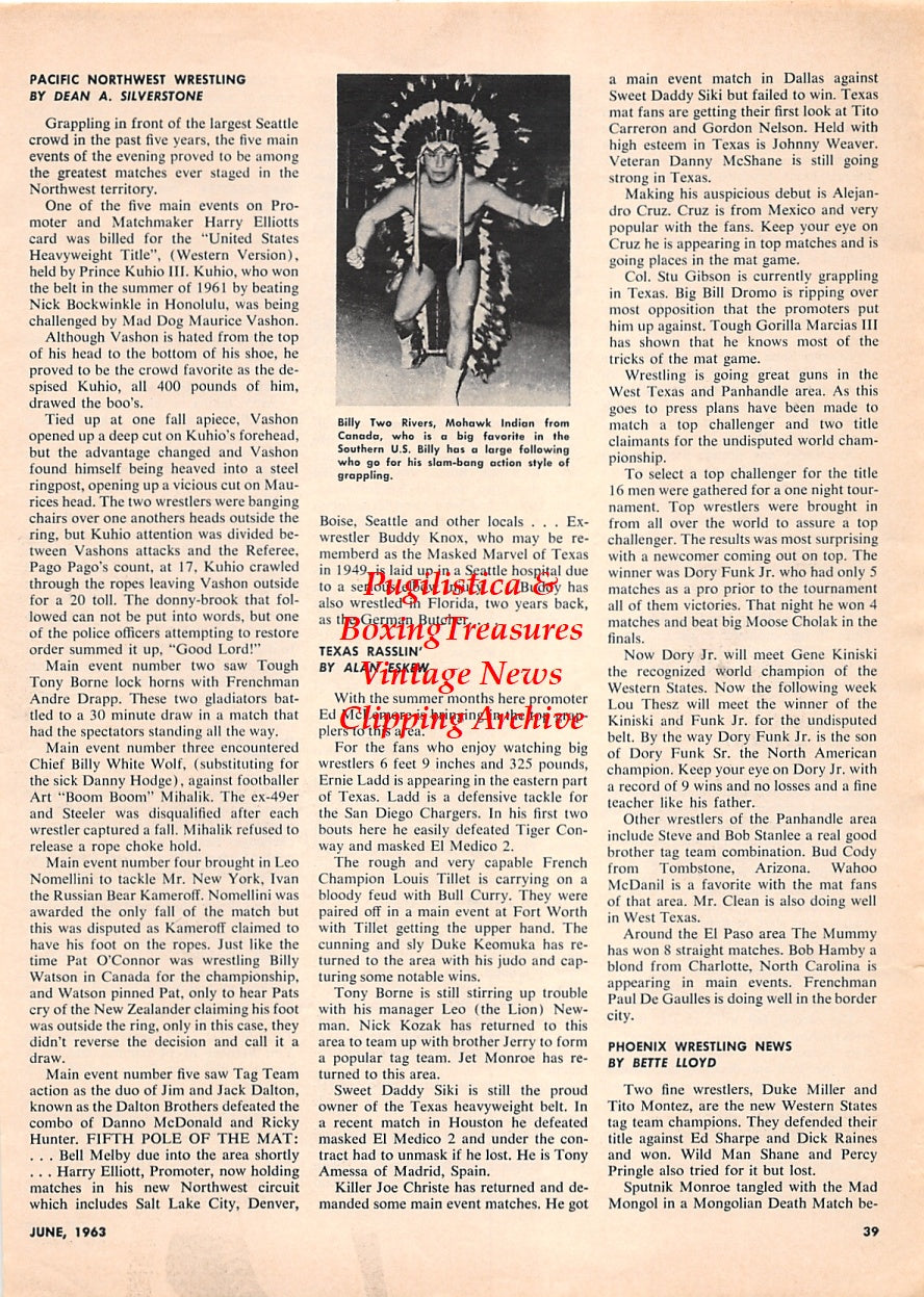 Wrestling News Clipping #140 - Billy Two Rivers