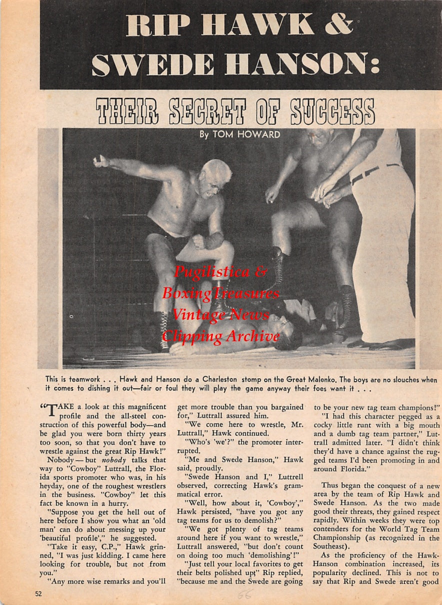 Wrestling News Clipping #104 - Rip Hawk, Swede Handon, The Great Malenko