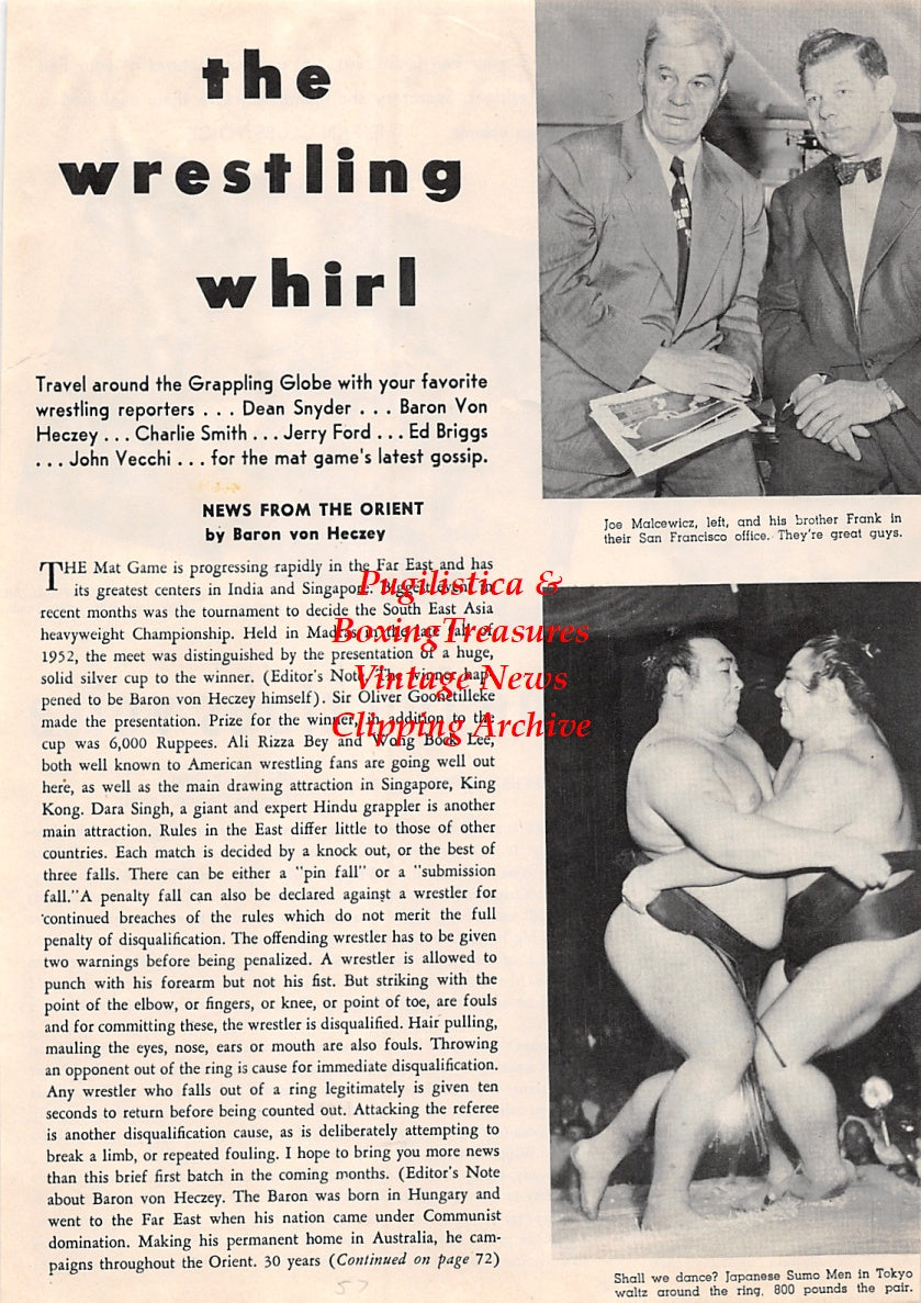Wrestling News Clipping #96 - Dennis Clary, Whipper Watson, Joe Malcewicz, Frank Malcewicz, Japanese Sumo Wrestlers